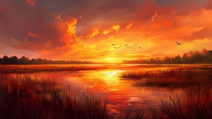 Obraz premium Fiery sky over serene wetlands at sunset. Wetlands. Illustration