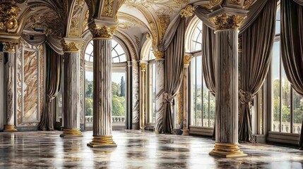 Fototapeta premium A grandiose ballroom with intricate marble inlays, gold leaf details on the columns, and lush velvet curtains framing arched windows Perfect for luxurious events
