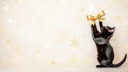 A small black kitten with a bright yellow bow sitting against a yellow golden background. Perfect for Black Friday or festive sales promotions.