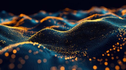 Abstract landscape of glowing blue and orange digital dots forming rolling hills, representing data and technology. Concept: Digital landscapes and innovation.