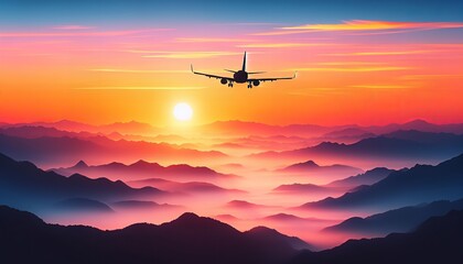 A plane glides through a vibrant sunrise, casting shadows on the mountain ridges below.