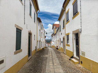 Fototapeta premium View of a street with traditional white and yellow houses, in the village of Amieira do Tejo, in Alentejo, Portugal