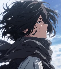 Fototapeta premium A black hair man stands in the wind on an icy field, adorned with a scarf around his neck, as snowflakes fall gently.