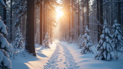 Generative AI, a snowy path in a forest with the sun shining through the trees and snow on the ground and the trees are covered in snow, winter, a photo, magical realism
