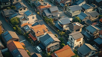 Aerial view of eco-city with houses equipped with solar panels for renewable energy use