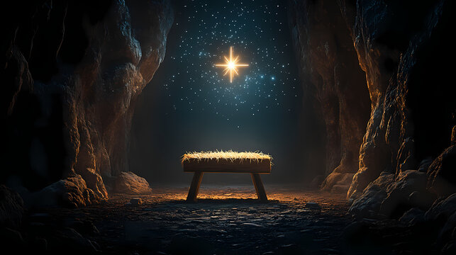 Empty wooden manger in cave with shining star of bethlehem christian nativity scene illustration. Glistening Cave. Illustration
