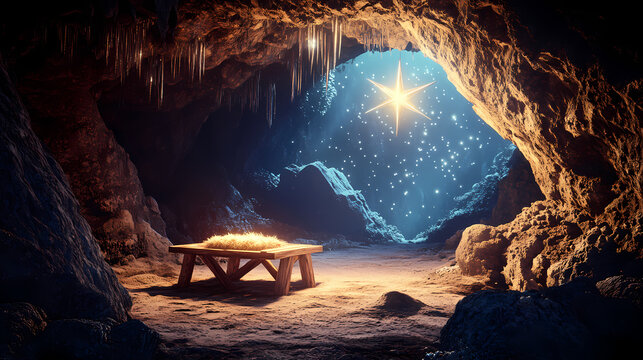 Empty wooden manger in cave with shining star of bethlehem christian nativity scene illustration. Glistening Cave. Illustration