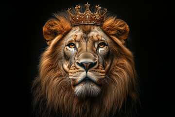 Fototapeta premium Majestic Lion Wearing a Crown on a Dark Background