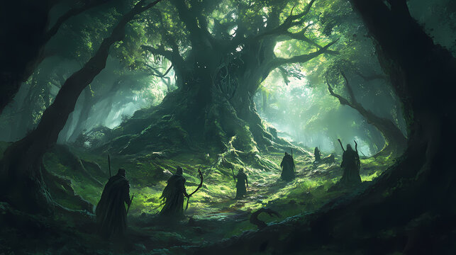 Enchanted forest battlefield, druids controlling nature, roots and vines attacking, vibrant and mystical. Druid Grove. Illustration