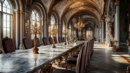 A grand dining hall with a long marble table, gold candelabras, and velvet high-back chairs The room features a frescoed ceiling and tall arched windows