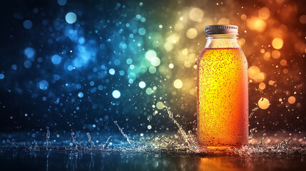 A vibrant orange sports energy drink glass bottle with droplets and dynamic splashes, background, wallpaper, free space for adding text