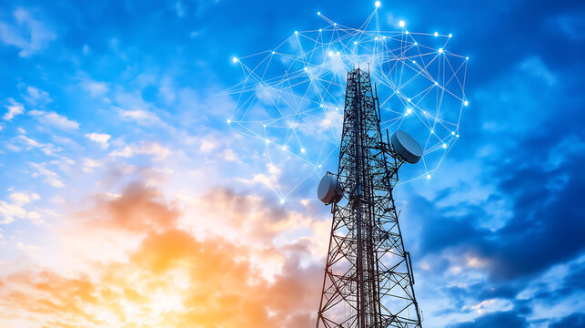A towering antenna mast reaching into a clear sky sending a signal and 5G internet Telecommunication industry wallpaper, background.
