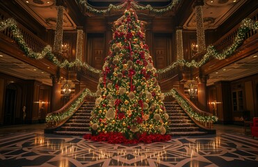 Fototapeta premium A tall Christmas tree with red ribbons in the hall with staircase
