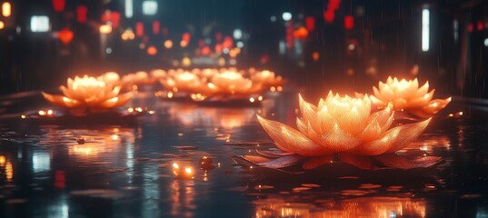 China National Day parade futuristic floating city where the floats are abstract beams of light and the streets are lined with glowing lotusshaped vectors casting reflections on the floating platforms