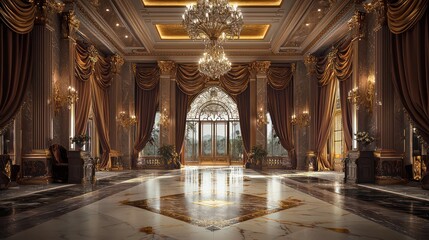A grand entrance hall with a marble floor, gold leaf accents, and velvet drapes An ornate chandelier hangs from the high ceiling, lighting up the luxurious space