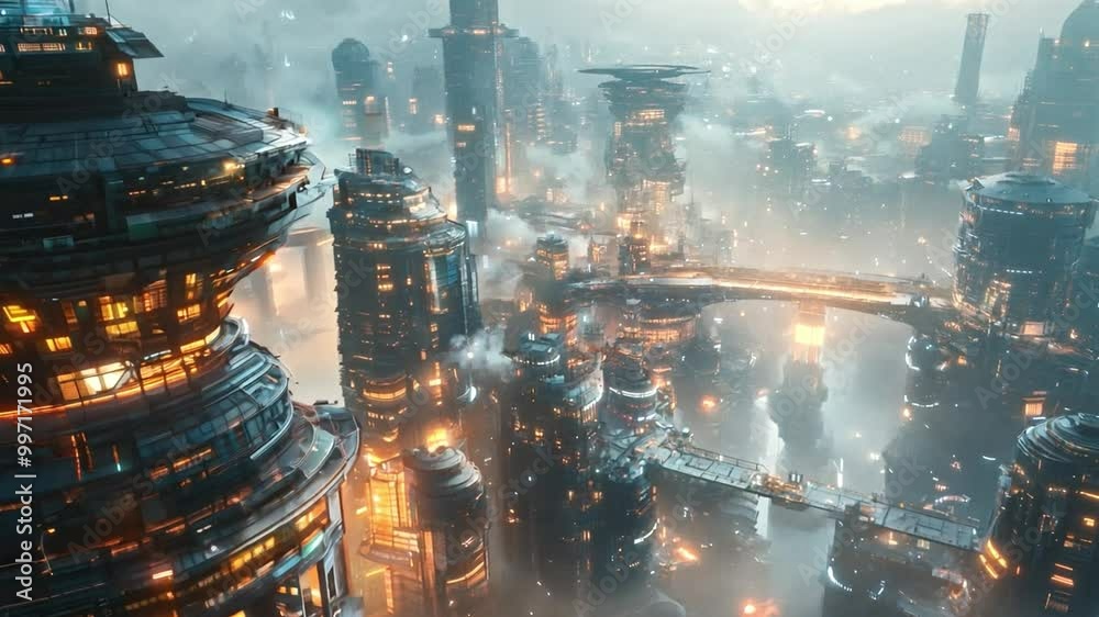 Aufkleber a vibrant futuristic city awakens at dawn, featuring towering skyscrapers and illuminated bridges su