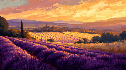 Ethereal lavender fields of provence, france, sunset glow the lavender fields of provence are bathed in a soft, golden sunset glow. Golden Fields. Illustration
