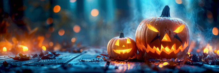 Fototapeta premium Glowing Jack O' Lanterns at night. Halloween Background