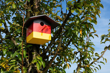 a nesting box for birds in the colours of the German national flag hangs in a fruit tree