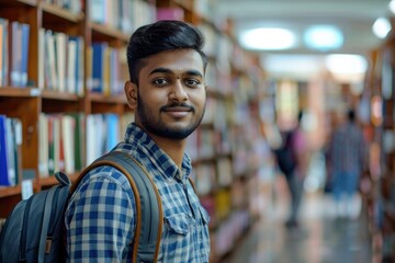 Obraz premium Happy Indian student in library during break between classes.