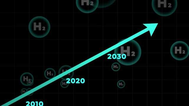 Forecast graph of implementation H2 hydrogen until 2050 for net zero concept on black background. Alpha channel included