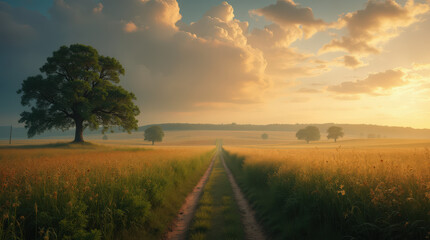 Obraz premium Idyllic Countryside Photography: Serene Landscape, Lush Meadow, and Golden Field with Stunning Light and Horizon View