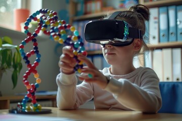 Schoolgirl uses VR headset for DNA molecule study in school.
