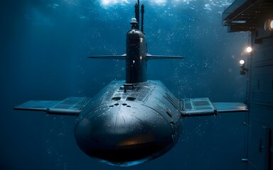 A photo of a military submarine diving underwater. The submarine is submerged in the ocean, leaving only a small bubble trail on the surface 