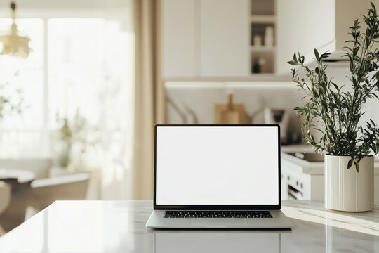 Close-up of a laptop with white blank mock up screen on a marble table with a modern home kitchen in the background