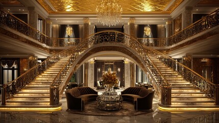 A grand foyer with dual marble staircases, a gold-leaf ceiling, and velvet settees under opulent chandeliers, setting a tone of luxury from the moment of entry