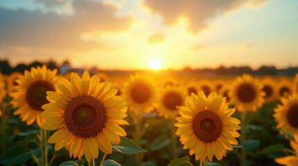Fototapeta premium Stunning Sunset Over Vibrant Sunflower Field – Nature Photography of Summer Blooms in Rural Countryside