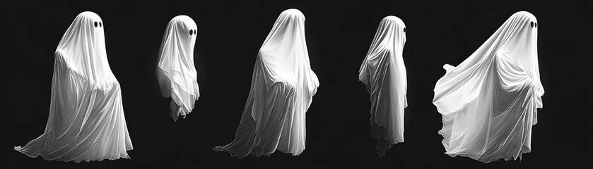 A series of ghostly figures shrouded in flowing white fabric, creating an ethereal and mysterious atmosphere.