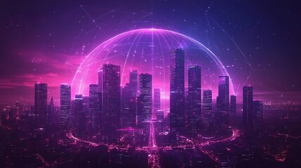Obraz premium Futuristic city skyline illuminated by vibrant pink and purple hues, featuring a glowing digital dome overlay.
