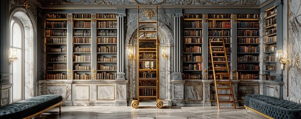 A grand home library with marble bookshelves, a gold rolling ladder, and velvet reading nooks The perfect sanctuary for book lovers and scholars