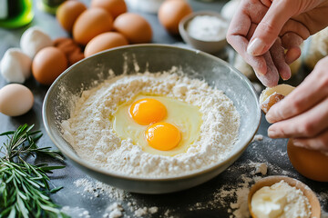 A close-up of hands mixing flour, eggs, and butter in a bowl, preparing dough for baking, mixing ingredients