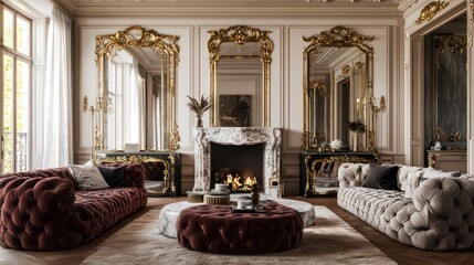 Fototapeta premium A grand living room with high ceilings, detailed crown moldings, and large, plush velvet sofas A marble fireplace dominates the scene, surrounded by gold-framed mirrors