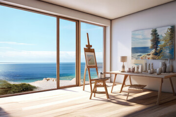 Fototapeta premium Artist workspace in the minimalist style room with a large window with a beautiful sea view.