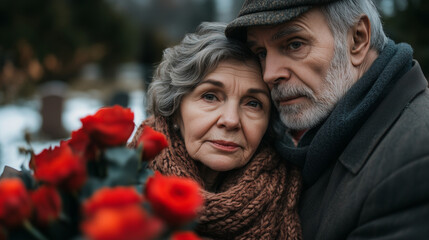 Obraz premium Grieving Senior Woman Comforted by Man at Memorial Ceremony - mourning