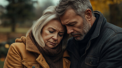 Obraz premium Grieving Senior Woman Comforted by Man at Memorial Ceremony