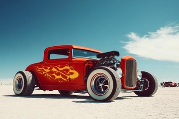 Custom hot rod with flame decals and exposed engine in a desert setting.