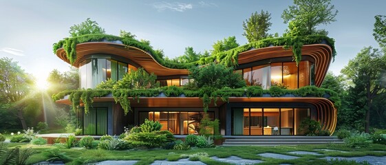 Obraz premium A modern house entwined with greenery, showcasing organic architecture harmonizing with nature in a sunlit landscape.