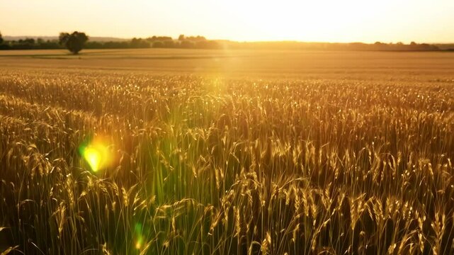 Ripening ears of golden wheat on sunset. Autumn or summer field with barley harvest. Lugnasad, Lammas, Shavuot, Thanksgiving Day, Mabon. Beautiful summer or autumn nature backdrop