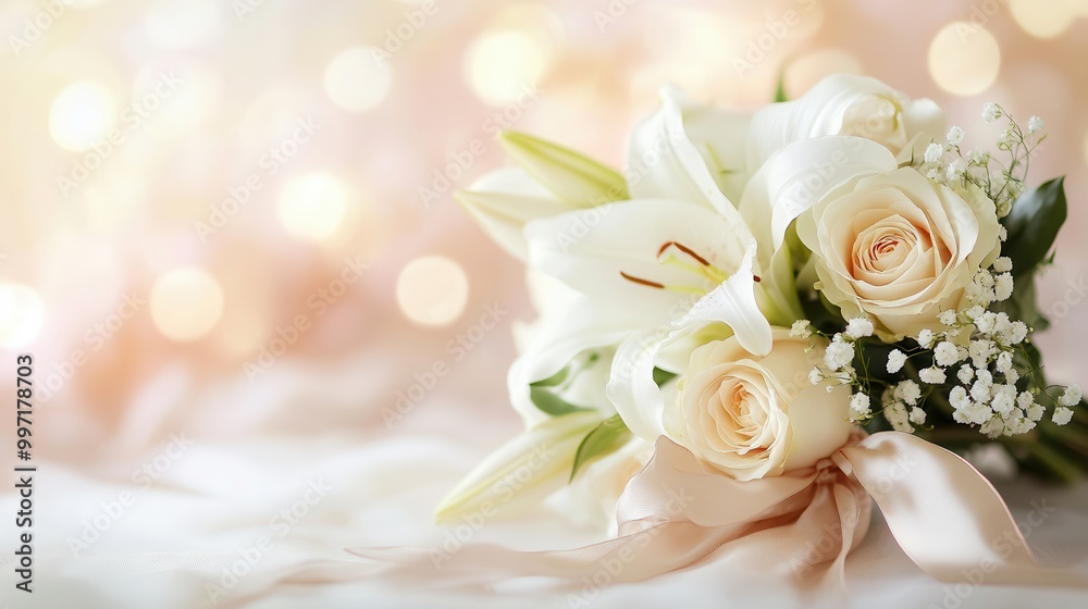 Poster A beautiful arrangement of white roses and lilies rests softly tied with a silk ribbon, creating an elegant display on a pastel backdrop. Generative AI