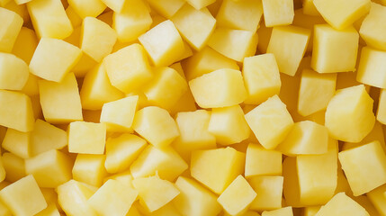 a close-up, top-down view of diced potatoes spread across the entire frame, filling the image with their pale yellow color and uniform cubes