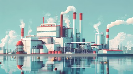 Obraz premium A colorful industrial facility with smokestacks, reflecting in water, showcasing a vibrant, modern manufacturing environment.