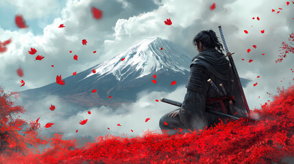 A samurai sits in tranquility amidst the grief of Fujiyama