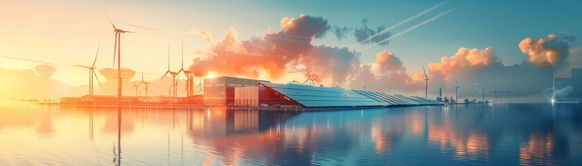 Fototapeta premium A serene waterfront view at sunrise, featuring cranes, a ship, and colorful clouds reflecting on calm waters.