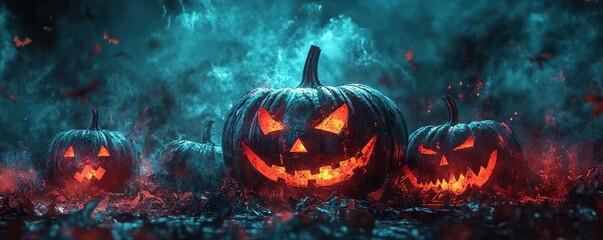 Fototapeta premium Spooky Halloween scene featuring glowing pumpkins surrounded by mist and shadows, perfect for festive decorations and themes.