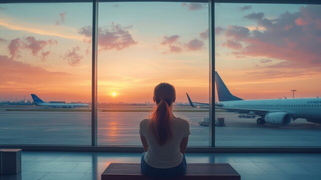 A solitary woman relaxes on a bench at the airport, gazing thoughtfully at the planes outside as the sun sets, painting the sky in warm colors - Powered by Adobe