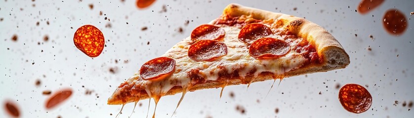 Delicious pepperoni pizza slice floating with melted cheese and spices, perfect for food photography and culinary content.